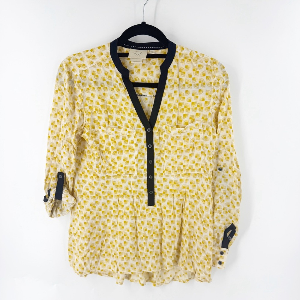 ✅ Anthropologie Vanessa Virginia Sz 0 Yellow White Fan Print Long Sleeve Shirt